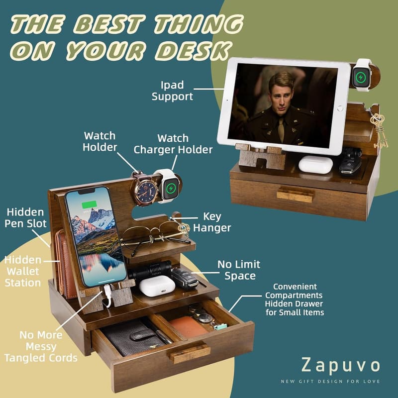 Father's Day Wood Phone Docking Station Organizer with Drawer