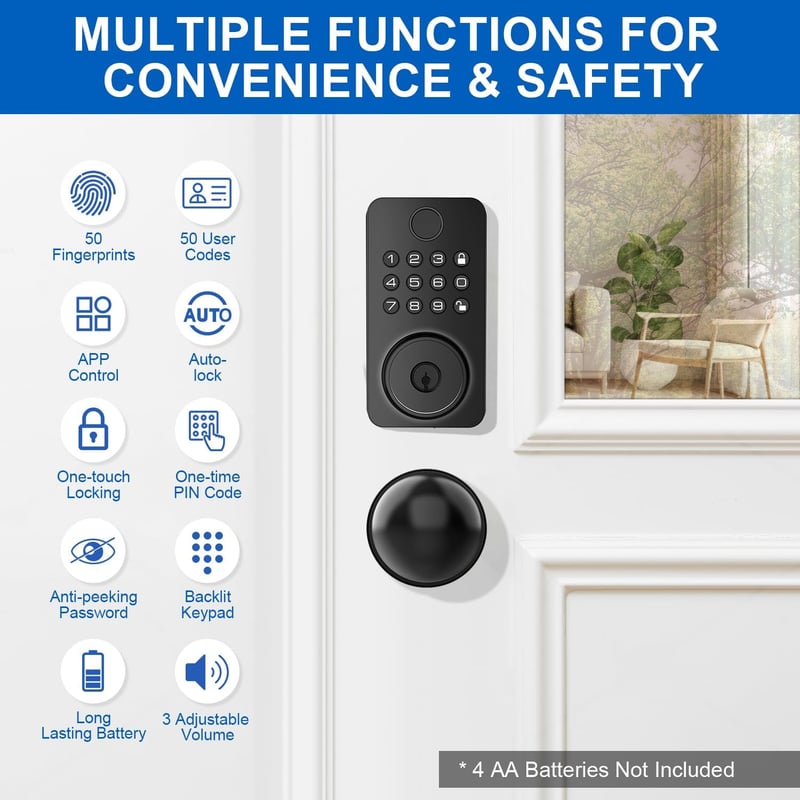 Smart Keyless Entry Fingerprint Deadbolt Lock Set – Metal Black