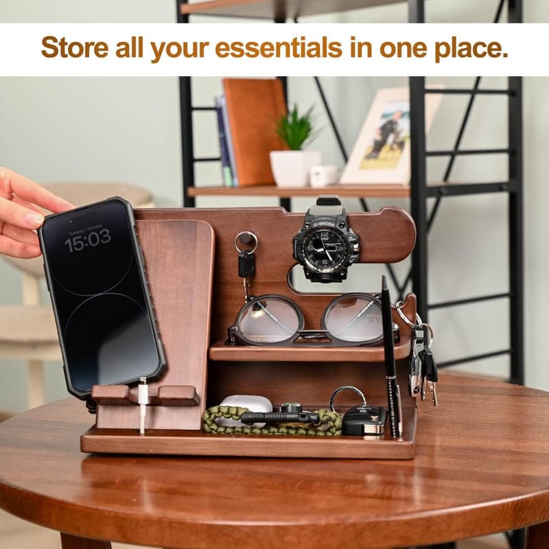 Birthday Gift Wood Phone Docking Station for Men - Chestnut