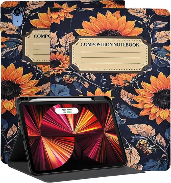 360-Degree Rotating iPad Case with Pencil Holder - Sunflower Design