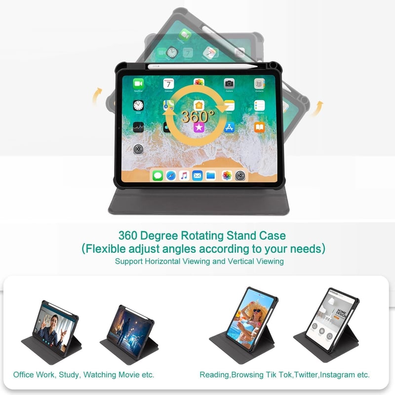 360-Degree Rotating iPad Case with Pencil Holder - Sunflower Design