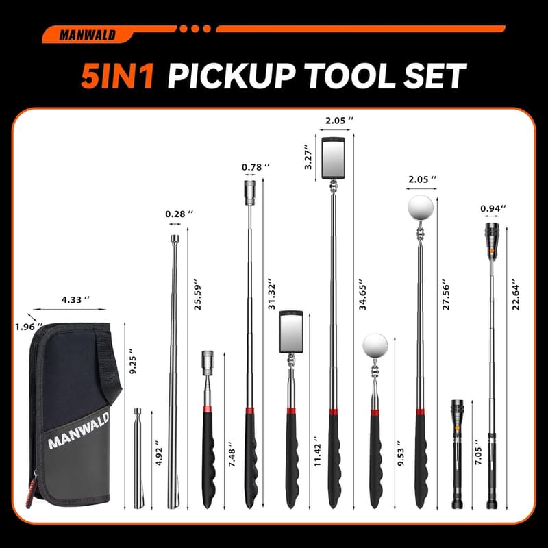 Telescoping Magnetic Pickup Tool Set with Flashlight - Father's Day Gift for Men