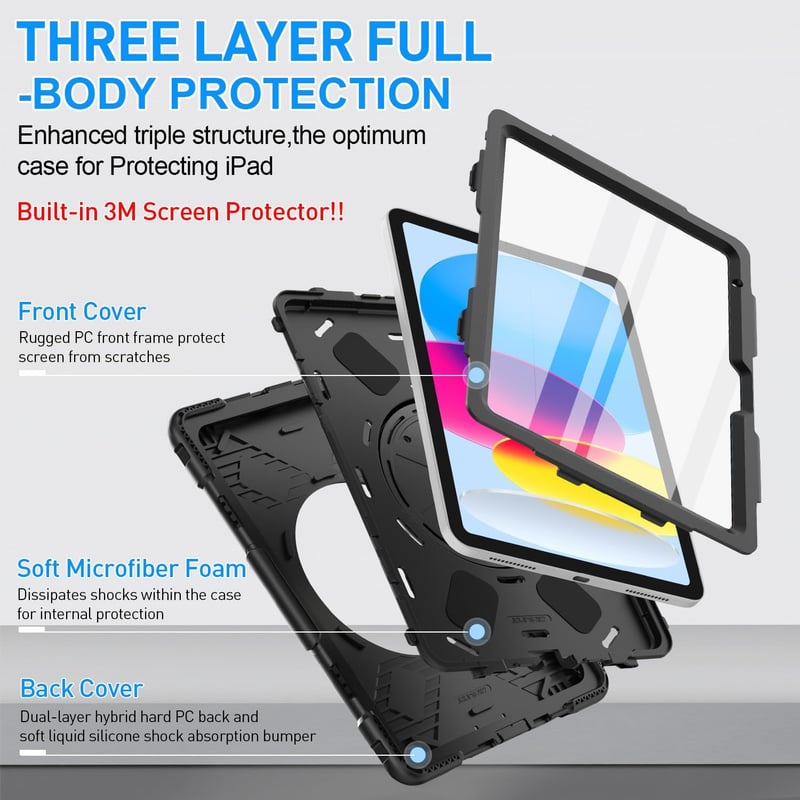 iPad 10th/11th Gen Case with Full-Body Protection & 360° Stand