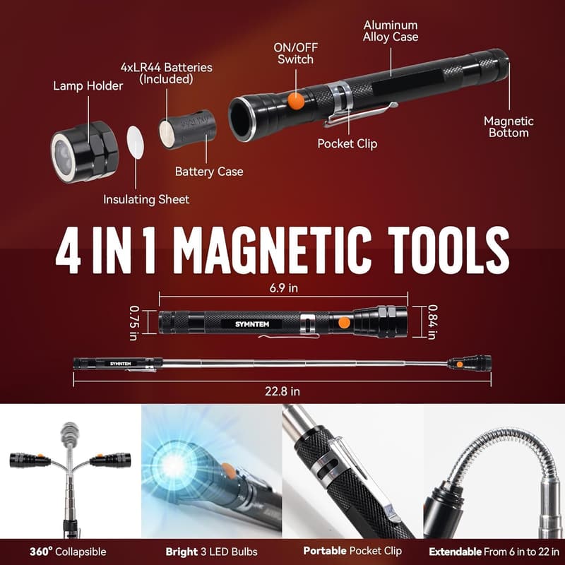 Magnetic Pickup Tool with Flashlight & 6-in-1 Pen for Him
