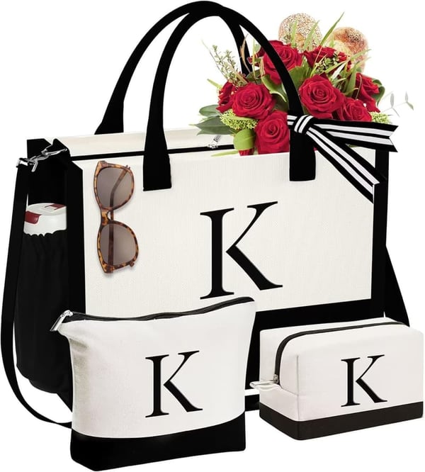 Birthday Gifts: Initial Canvas Tote & Makeup Bag for Women