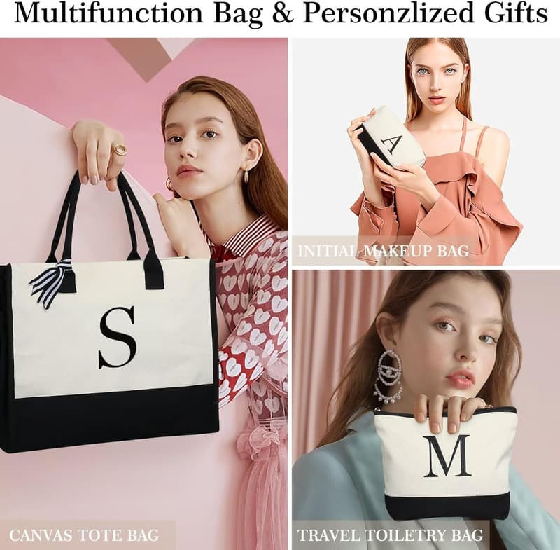 Birthday Gifts: Initial Canvas Tote & Makeup Bag for Women