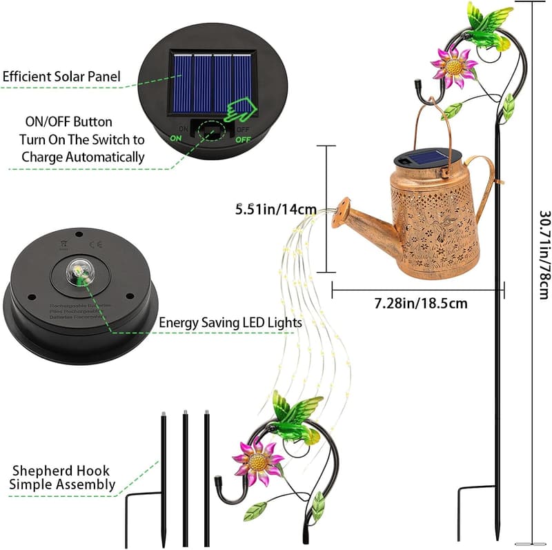 Hummingbird Solar Watering Can Lights for Outdoor Garden Decor