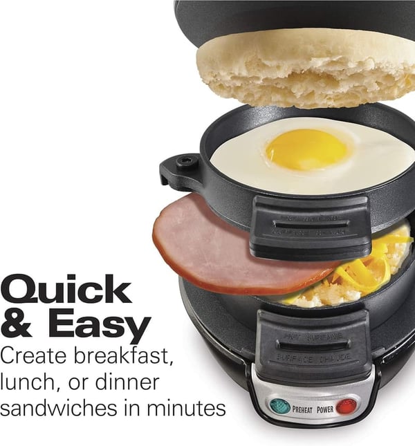 Breakfast Sandwich Maker with Egg Cooker Ring, Black