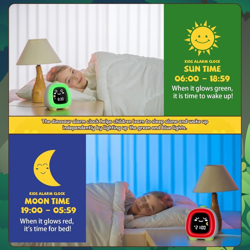 Kids Dinosaur Alarm Clock with Night Light - Sleep Training Gift