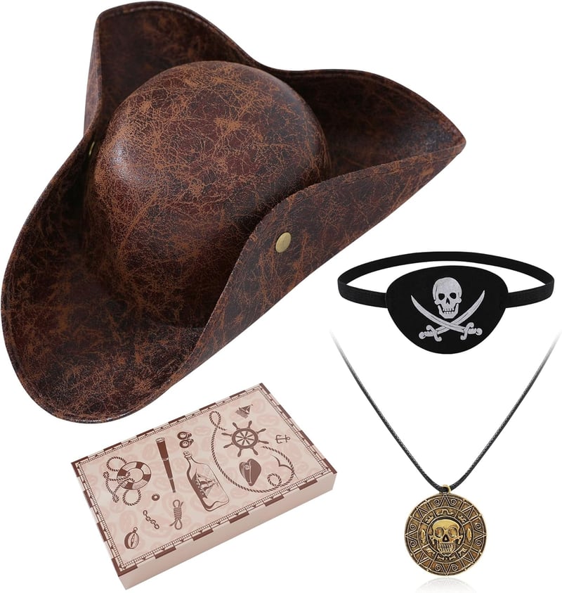 Halloween Tricorn Pirate Hat with Eye Patch & Necklace