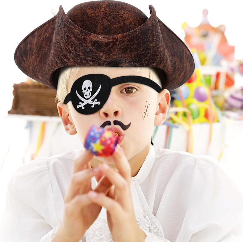 Halloween Tricorn Pirate Hat with Eye Patch & Necklace