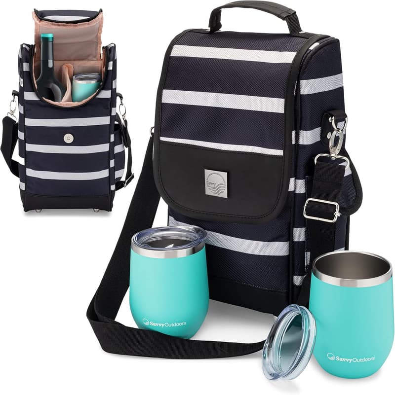 Insulated Wine Tote with 2 Stemless Glasses & Storage Pouch