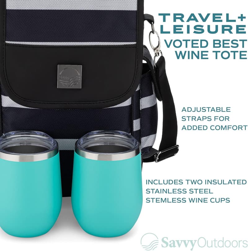 Insulated Wine Tote with 2 Stemless Glasses & Storage Pouch