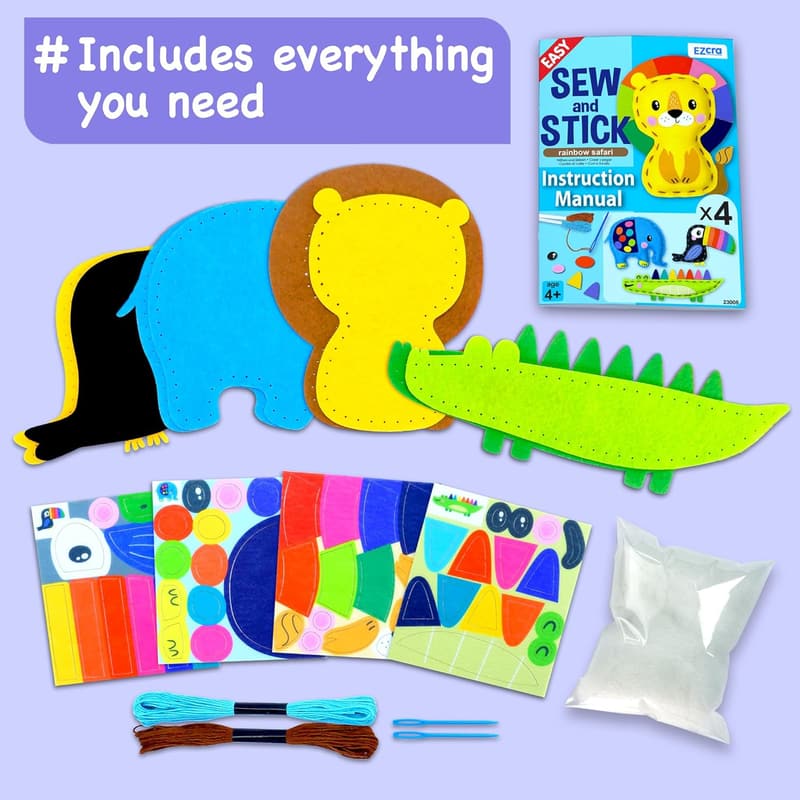 Kids' Fun No Mess Sewing Kit - 4 Animal Projects & Tools