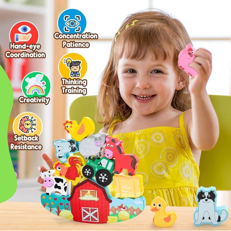 Educational Wooden Farm Animal Blocks Stacking Toy for Kids 3-7