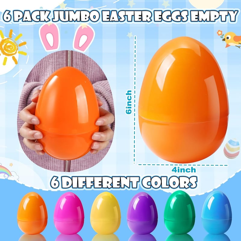 Large 6-Inch Fillable Plastic Easter Eggs - 6 Pack