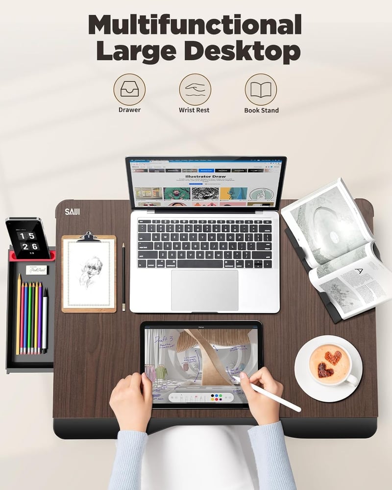 SAIJI XXL Folding Laptop Desk with Storage Drawer and Tablet Stand