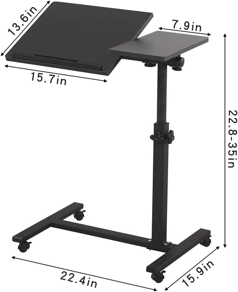 Mobile Adjustable Overbed Desk with Wheels for Laptops (Black)