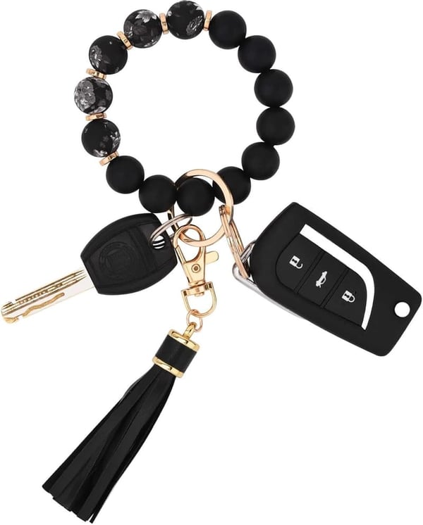 Silicone Beaded Bracelet Keychain with Leather Tassel for Women