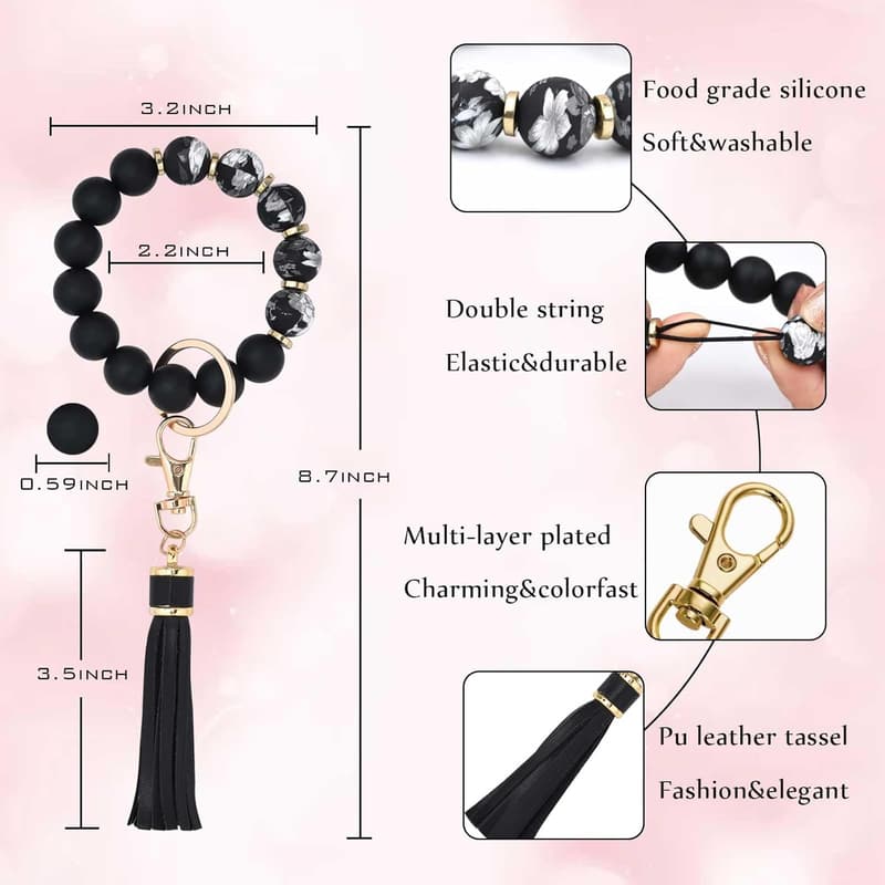 Silicone Beaded Bracelet Keychain with Leather Tassel for Women