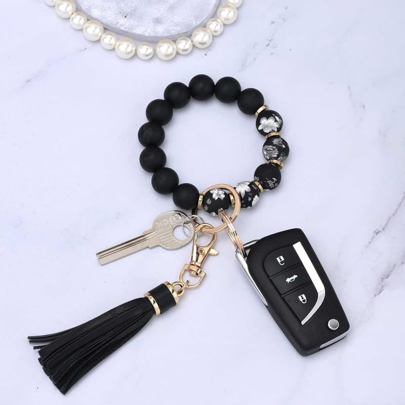 Silicone Beaded Bracelet Keychain with Leather Tassel for Women