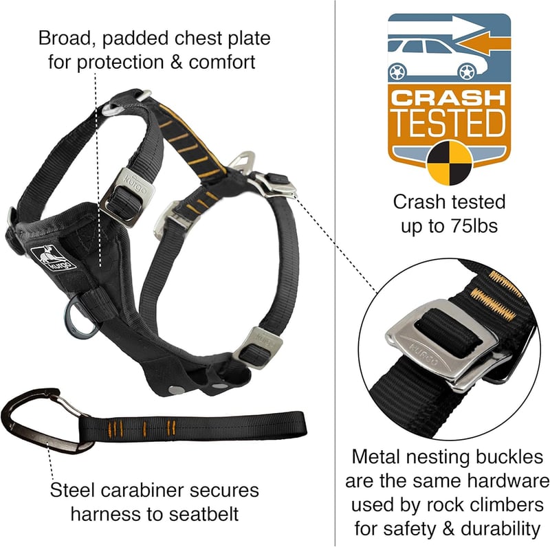 Crash-Tested Large Black Dog Harness with Seat Belt Tether