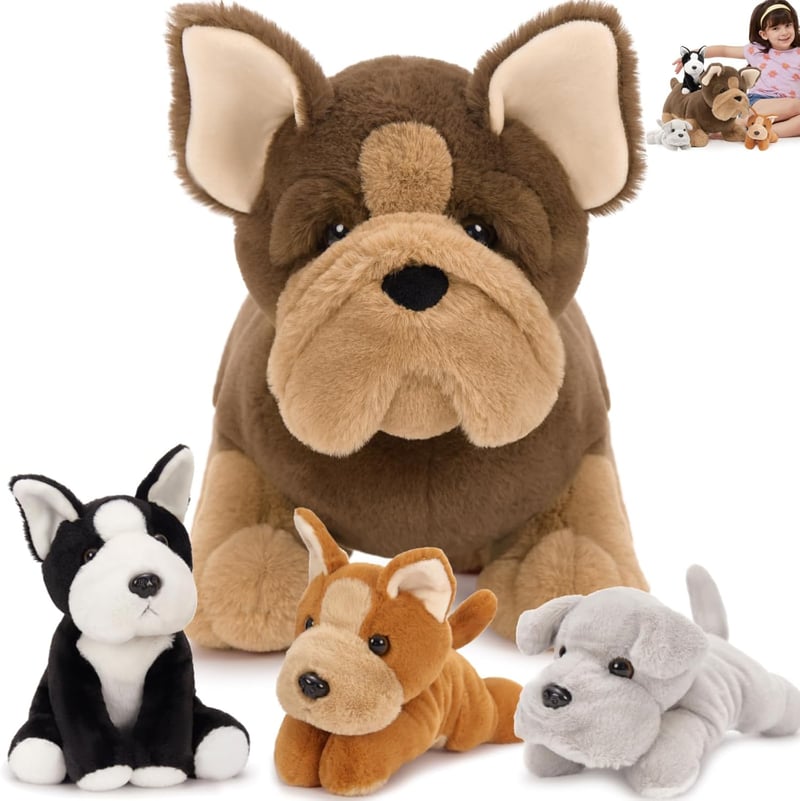 French Bulldog Mommy Stuffed Animal with Babies - 18'' Plush Toy