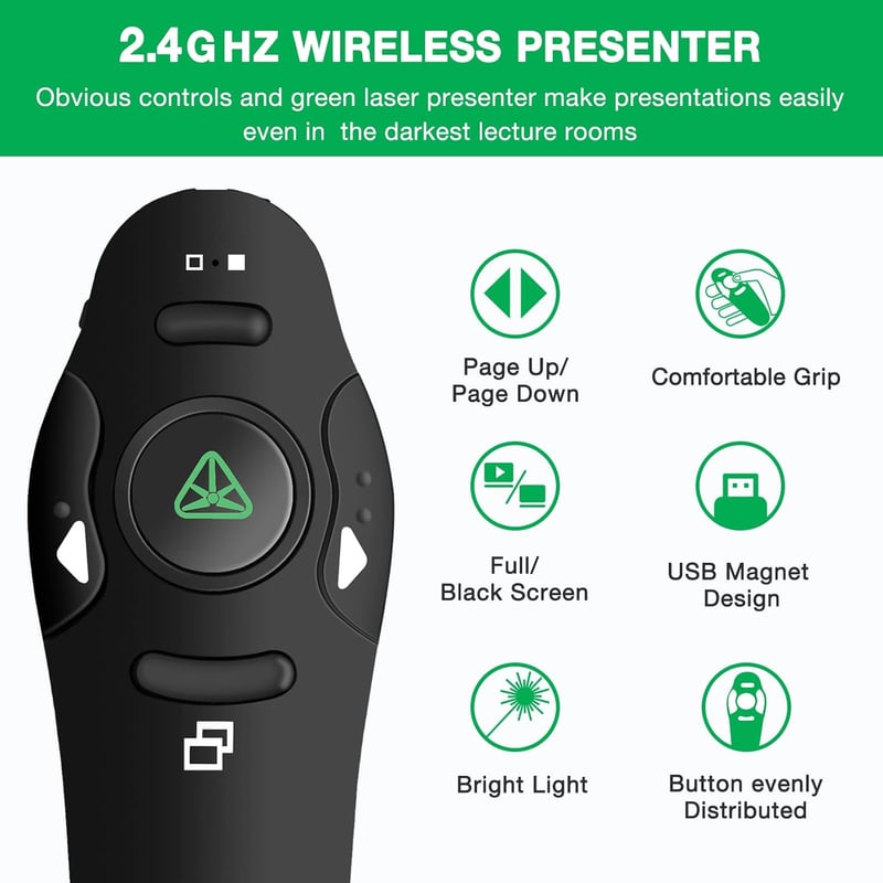 Wireless Presenter Remote with Green Laser Pointer for PPT