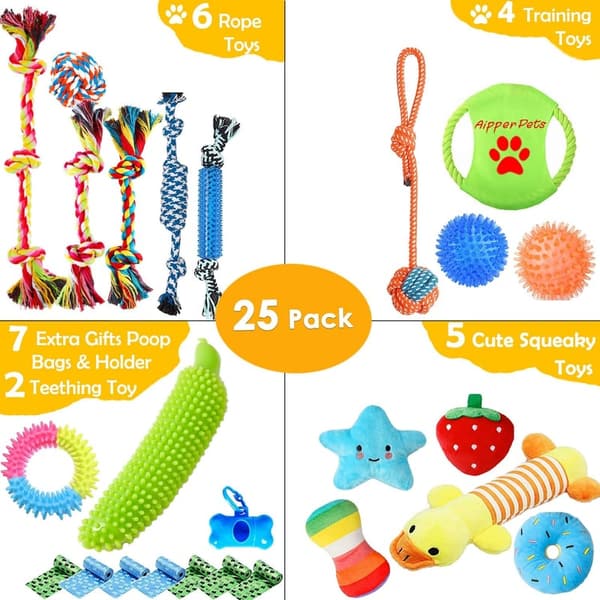 25-Pack Dog Chew Toys with Squeak Plush & Rope Toys
