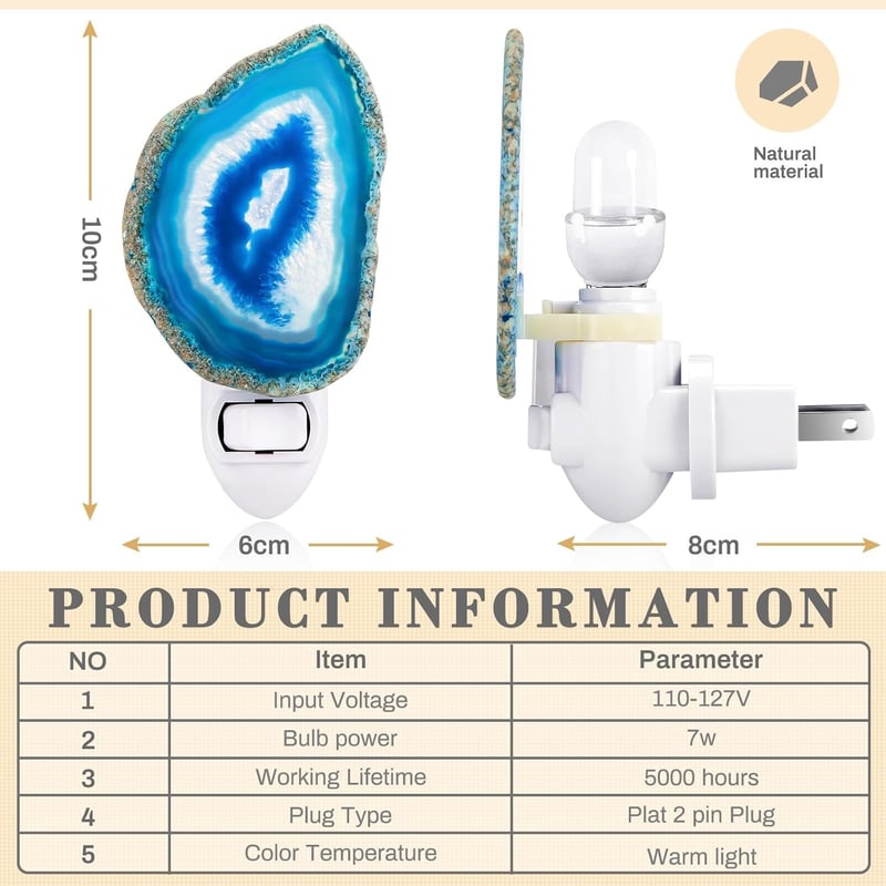 Blue Agate Slice Night Light with Switch for Home Decor