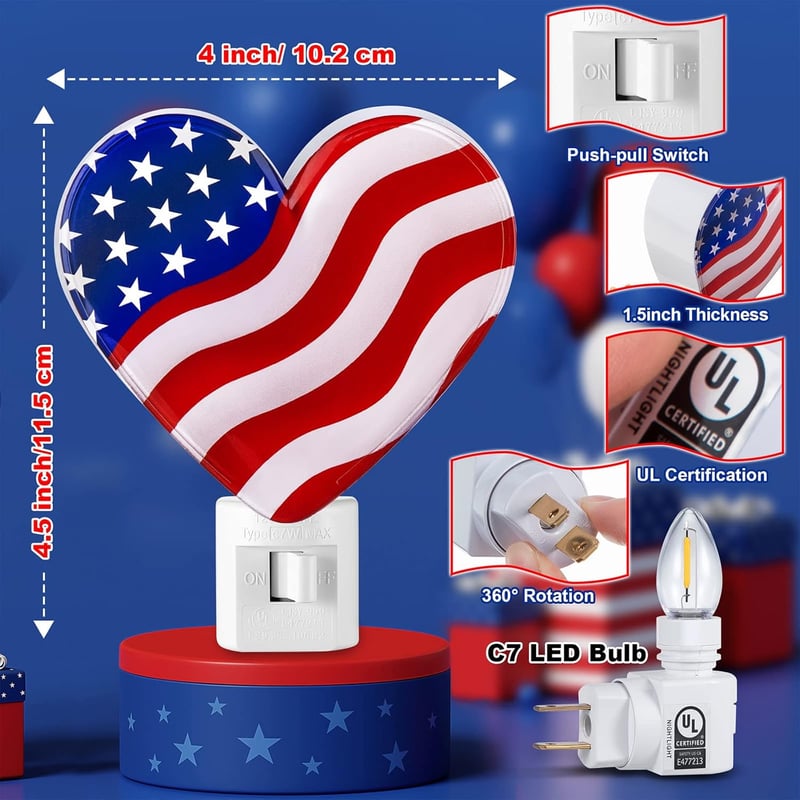 4th of July Heart-Shaped LED Night Light with American Flag