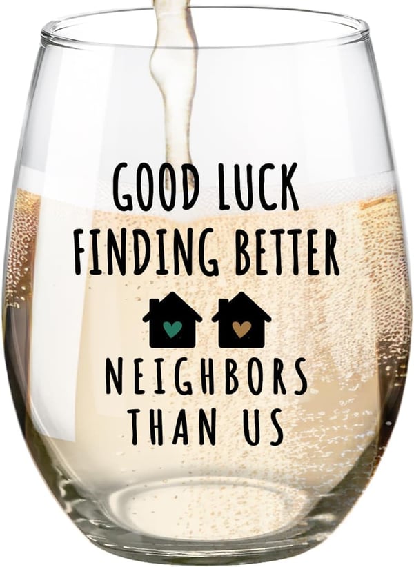 Good Luck Stemless Wine Glass for Moving Neighbors - 15oz