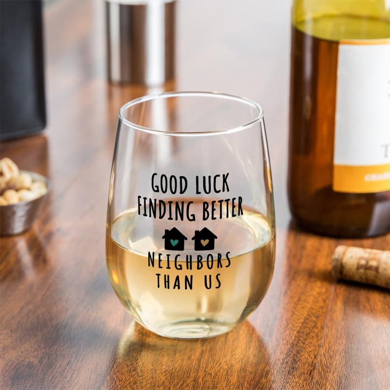 Good Luck Stemless Wine Glass for Moving Neighbors - 15oz