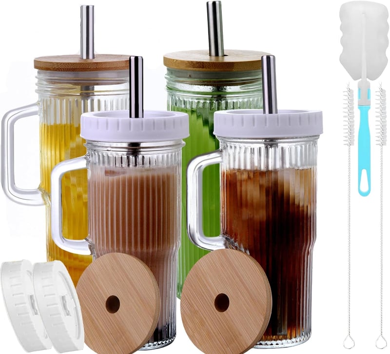 Reusable 24oz Glass Tumblers with Lids & Straws - 4 Pack