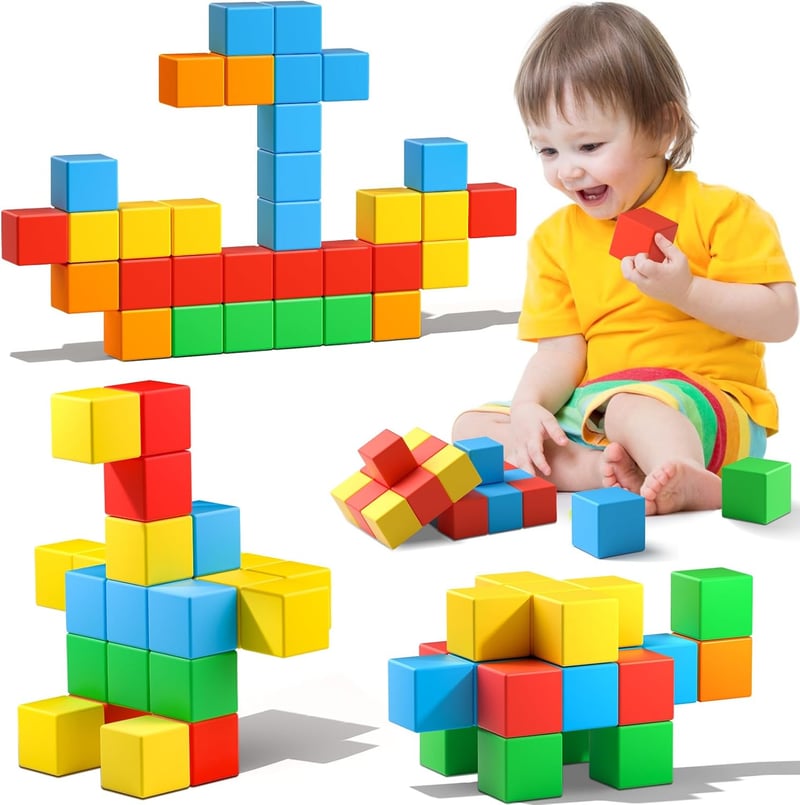 Magnetic Building Blocks Set for Toddlers - 32 Colorful Cubes