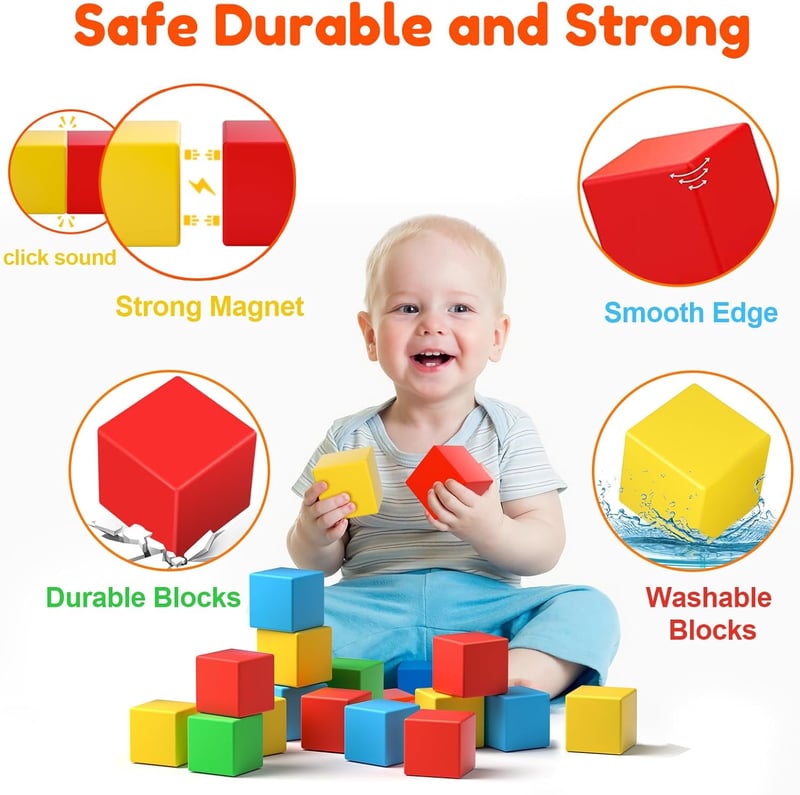 Magnetic Building Blocks Set for Toddlers - 32 Colorful Cubes