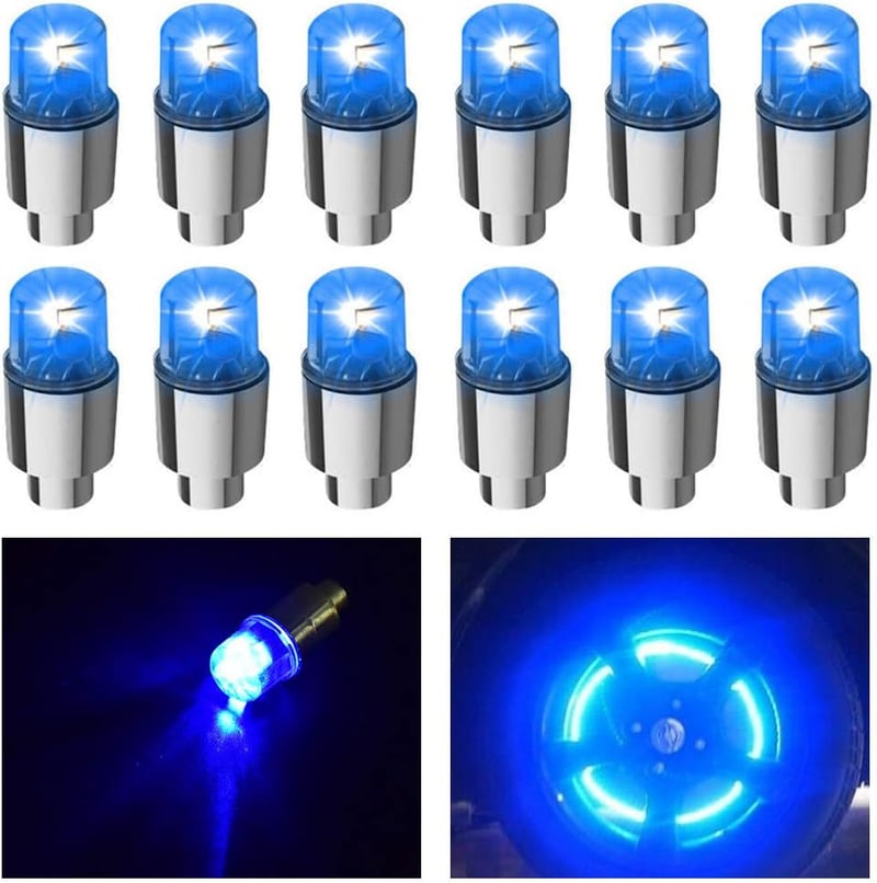 LED Tire Valve Cap Lights - 12 PCS Blue for Cars & Bikes
