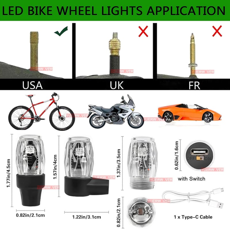 Colorful LED Tire Valve Lights - Waterproof 4-Piece Set for Cars