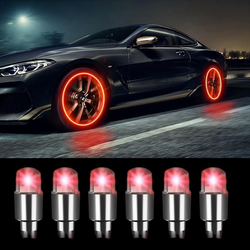 LED Tire Valve Stem Caps - Glow in Dark Car Accessories (Red)