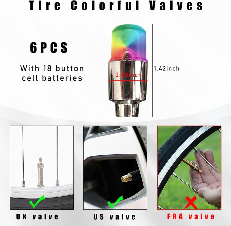 Colorful LED Tire Valve Stem Cap Lights - 6 Pack Auto Accessories