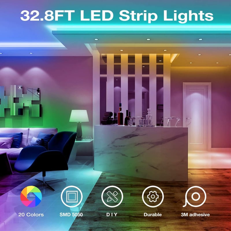 Color-Changing LED Strip Lights 32.8ft Kit with Remote