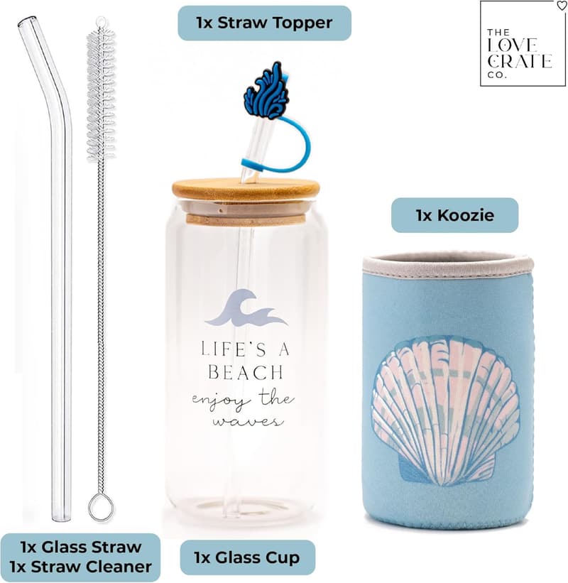 Customized Glass Tumbler with Lid & Straw - Iced Coffee Gift for Women