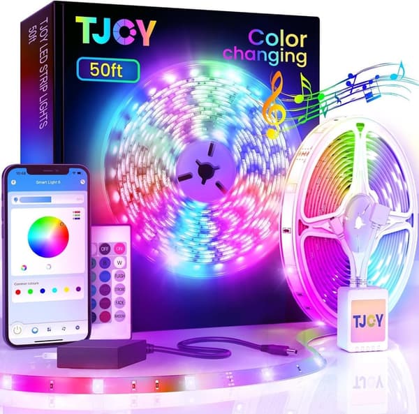 50ft Bluetooth RGB LED Strip Lights with Music Sync & Remote