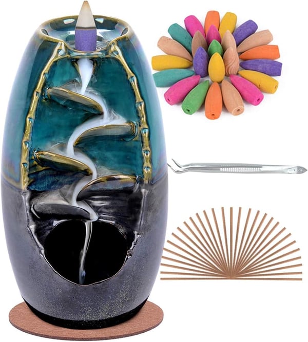 Ceramic Backflow Incense Holder with 120 Cones & 30 Sticks