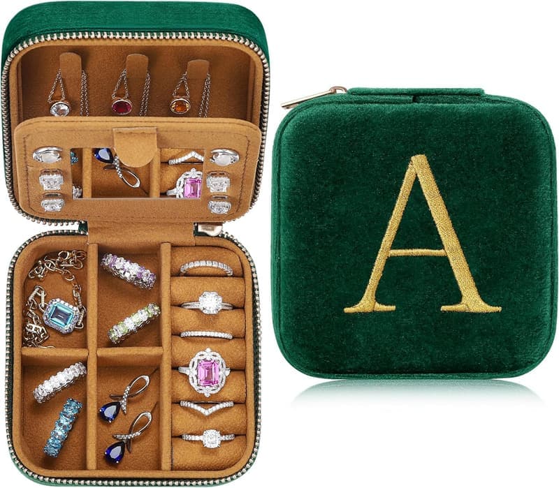 Birthday Gift: Personalized Green Velvet Travel Jewelry Case