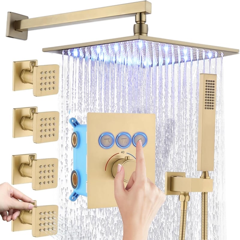 Brushed Gold Thermostatic Shower System with LED Rainfall Head