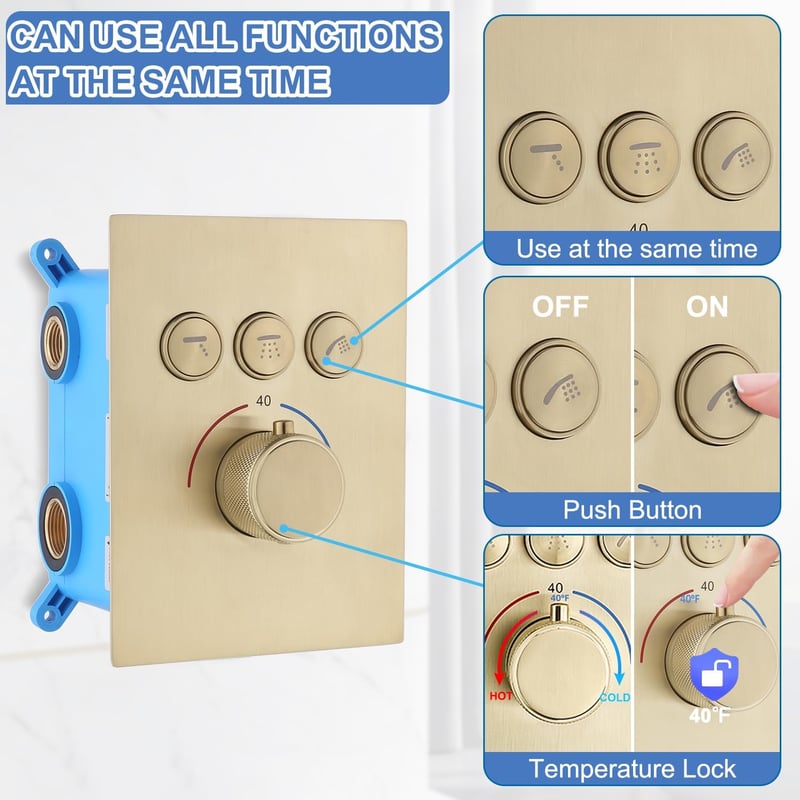 Brushed Gold Thermostatic Shower System with LED Rainfall Head