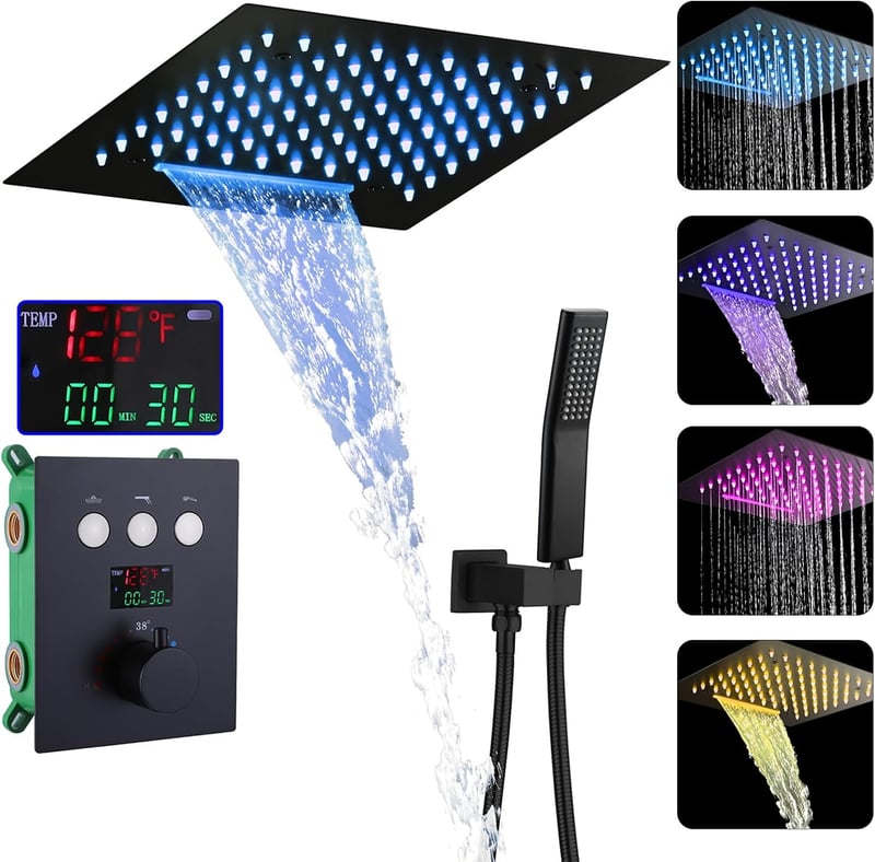 Black LED Thermostatic Rainfall Shower Set with 12