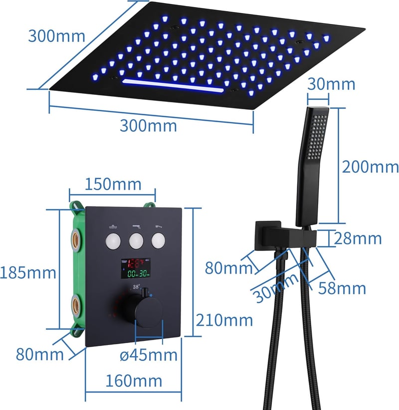 Black LED Thermostatic Rainfall Shower Set with 12