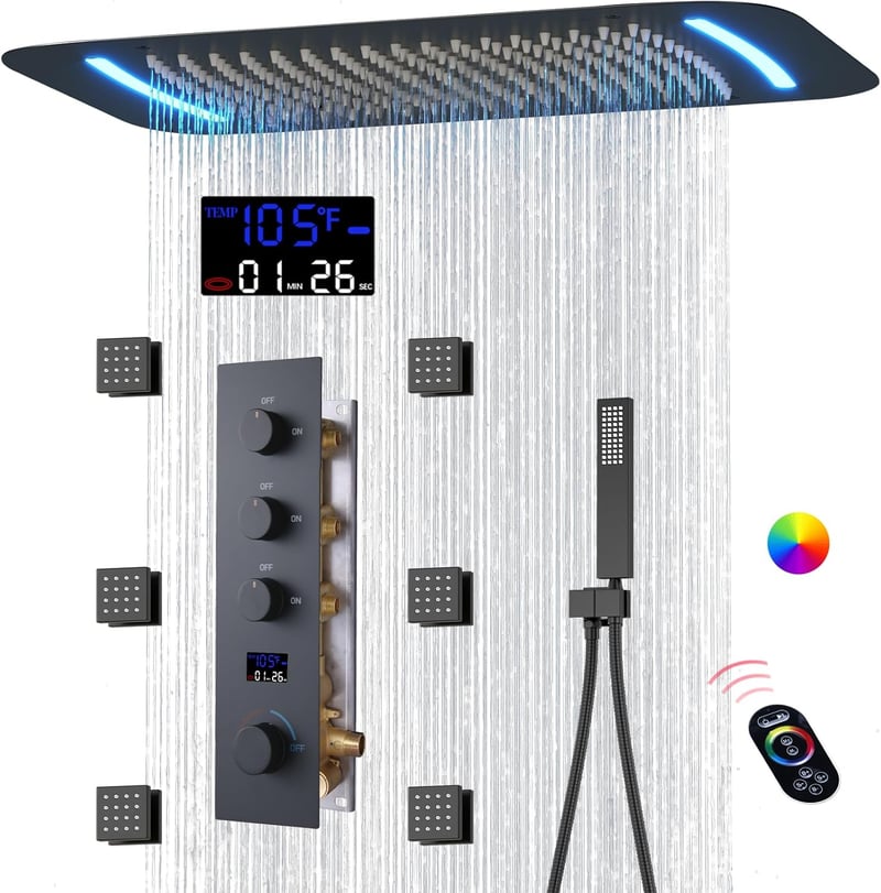 Matte Black Digital Thermostatic Shower System with Rain Shower Head